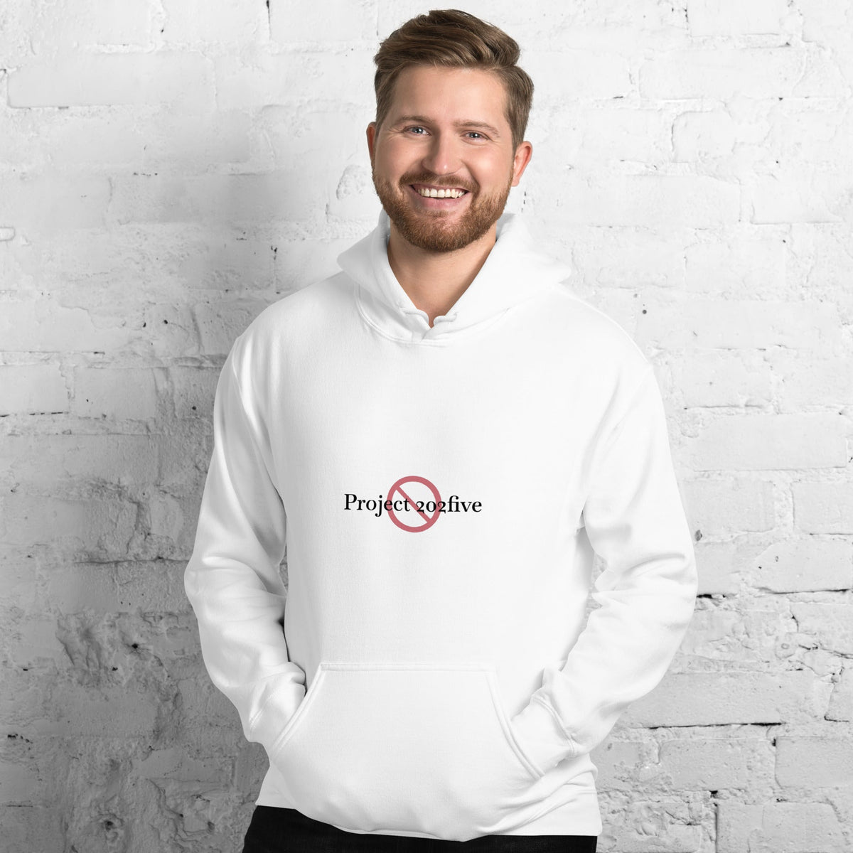 Male model wearing Project 2025 unisex hoodie with printed logo – multiple colors – DETOUR.STORE