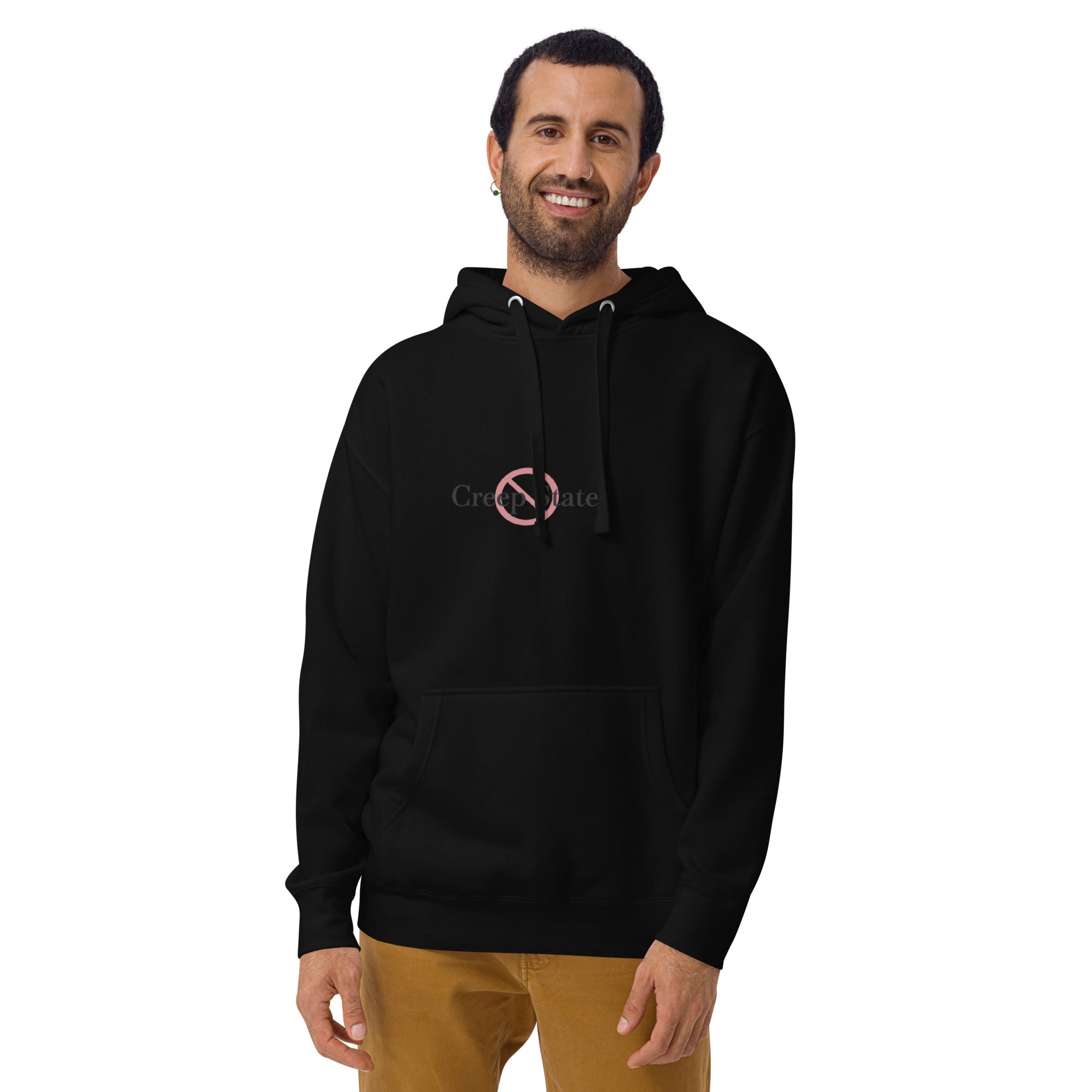 Male model wearing Creep State unisex hoodie with printed logo – multiple colors – DETOUR.STORE