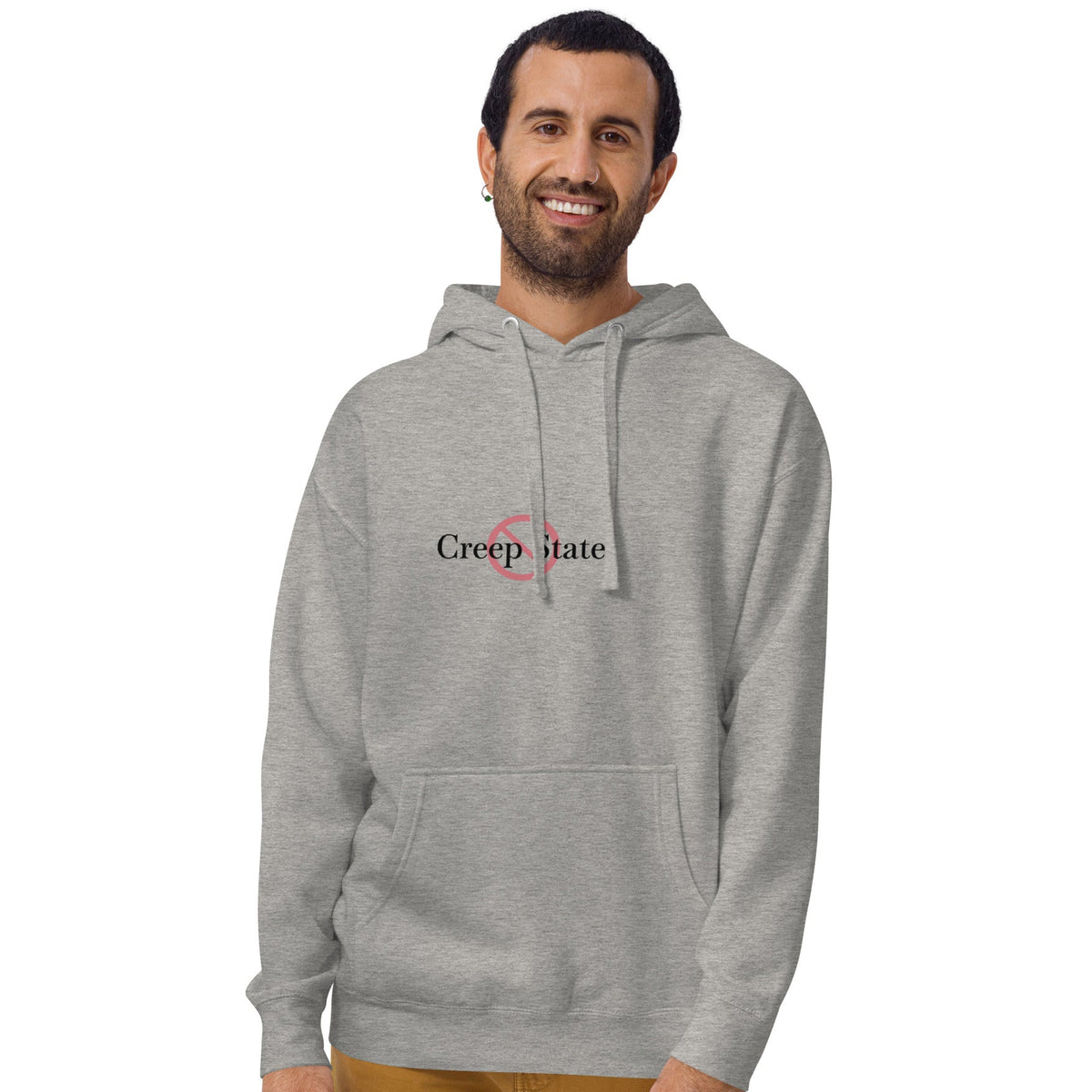 Male model wearing Creep State unisex hoodie with printed logo – multiple colors – DETOUR.STORE