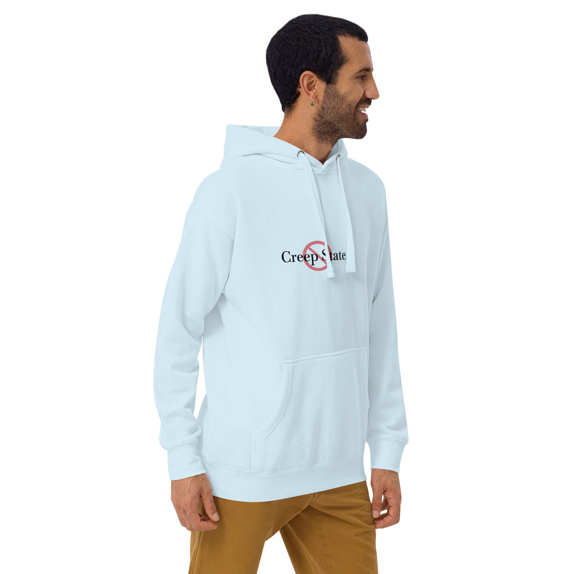 Male model wearing Creep State unisex hoodie with printed logo – multiple colors – DETOUR.STORE