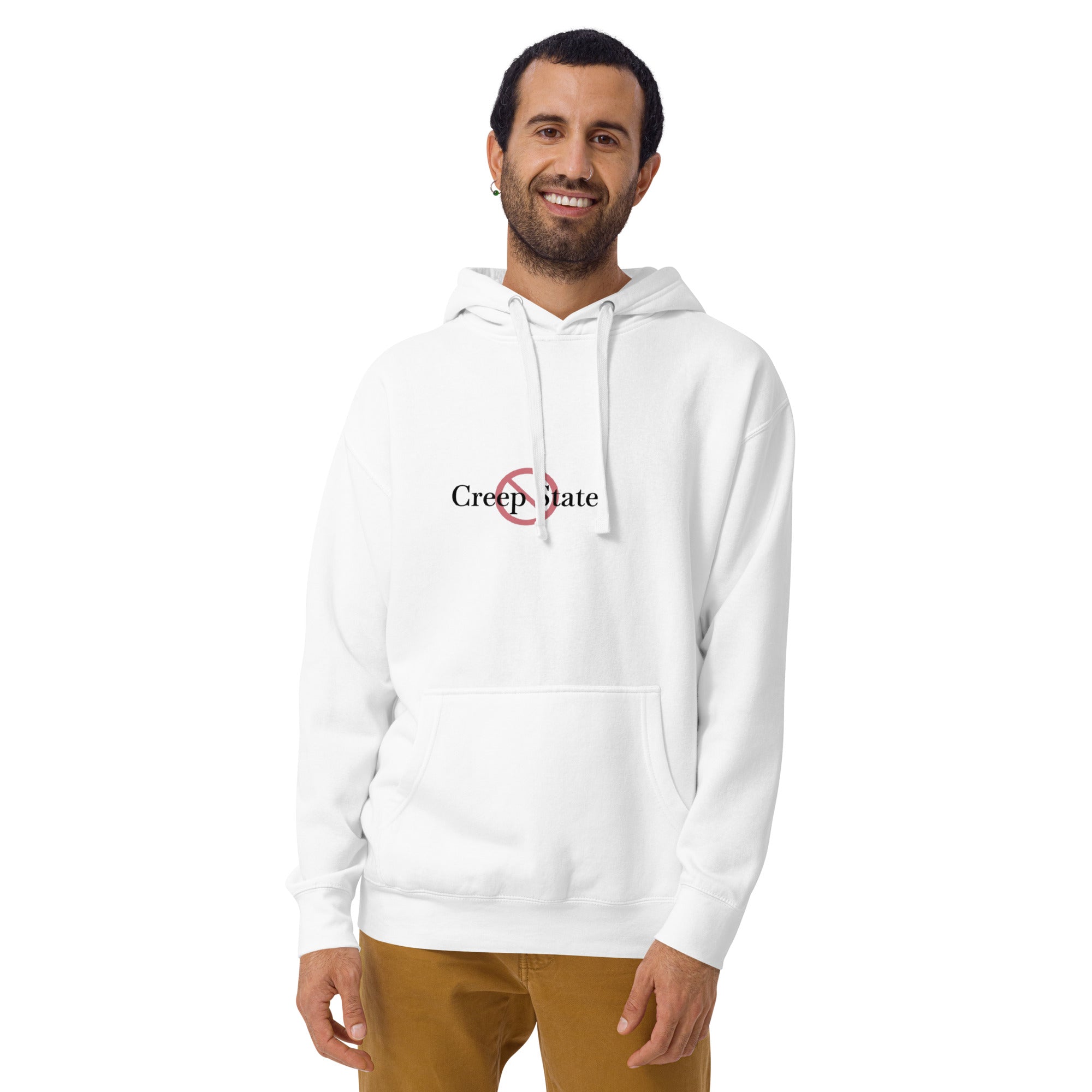 Male model wearing Creep State unisex hoodie with printed logo – multiple colors – DETOUR.STORE