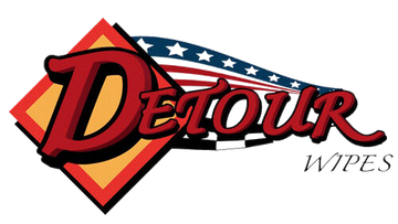 A Detour logo with a yellow and orange shaped detour sign, the depiction of an American Flag and a checkered flag swooping to the right