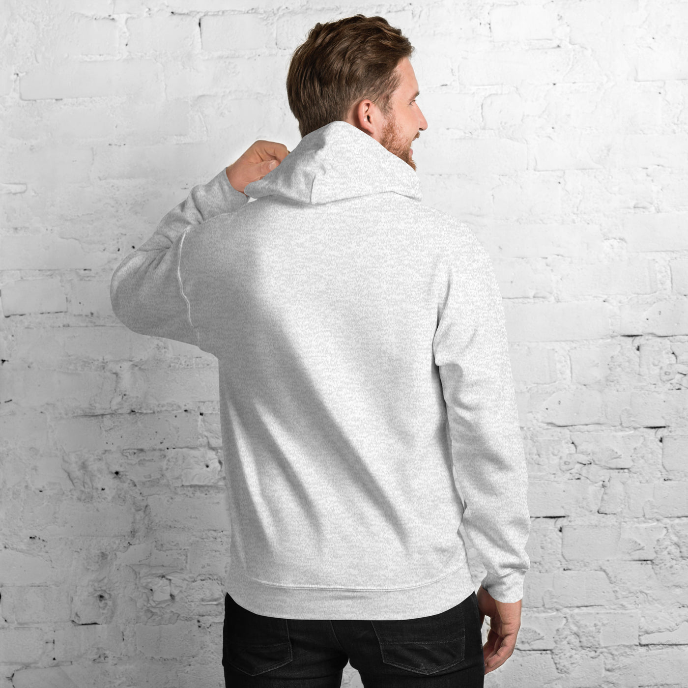 Male model wearing Project 2025 unisex hoodie with printed logo – multiple colors – DETOUR.STORE