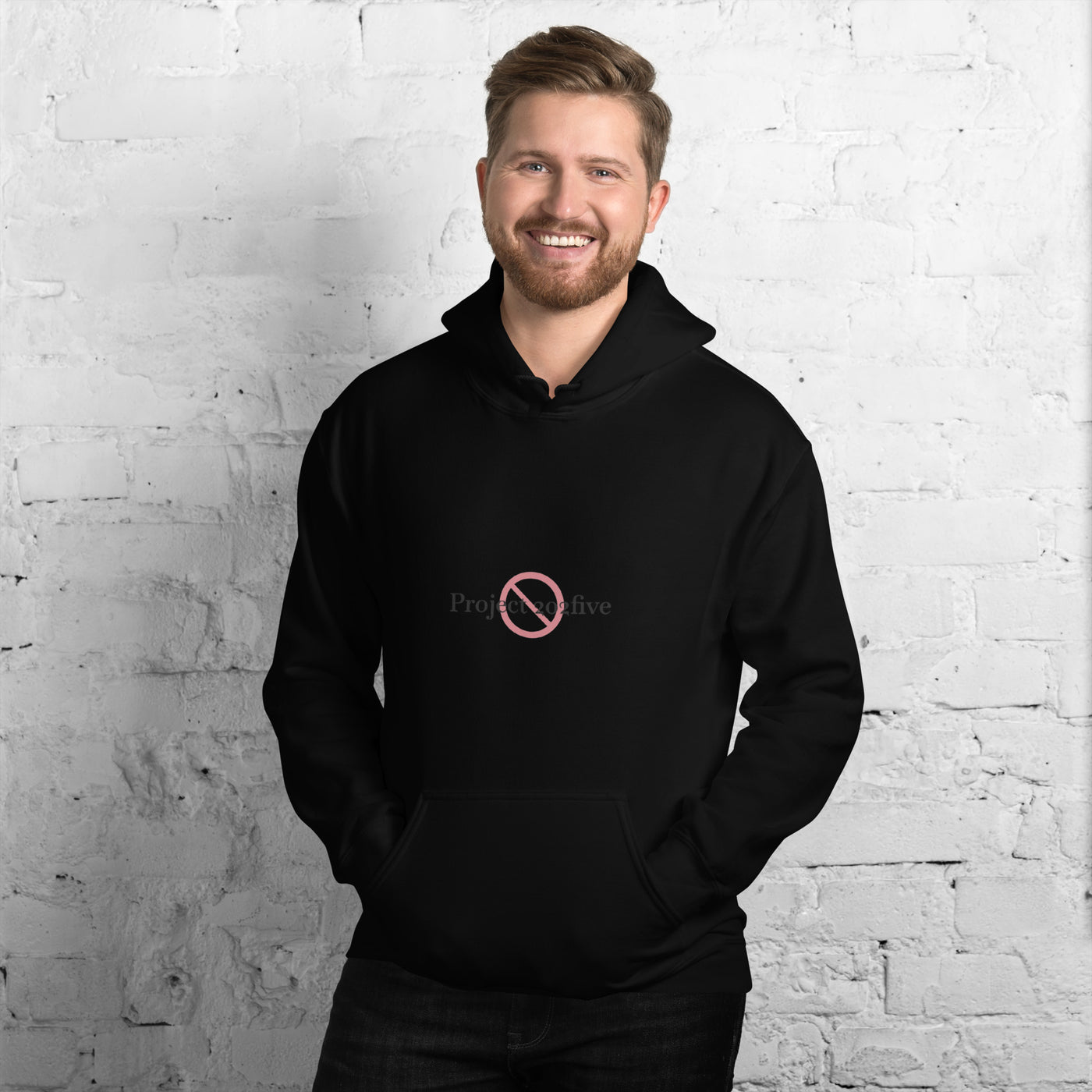 Male model wearing Project 2025 unisex hoodie with printed logo – multiple colors – DETOUR.STORE