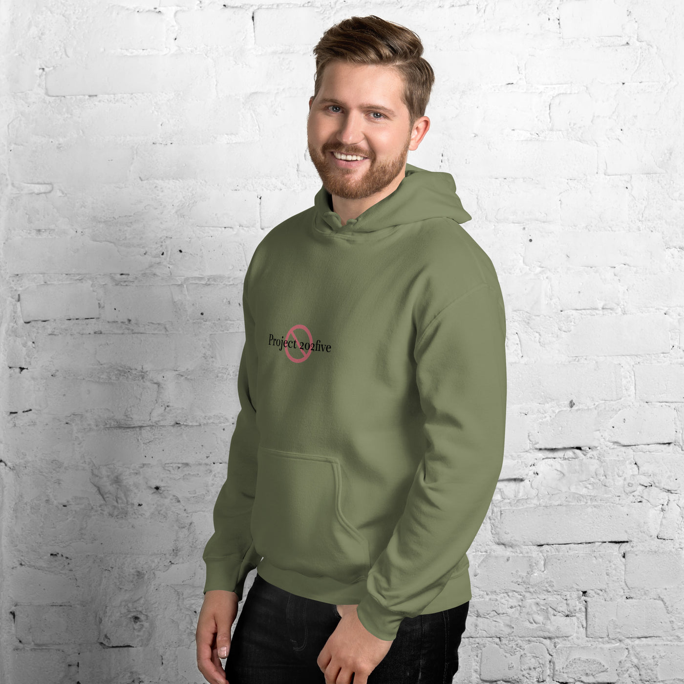 Male model wearing Project 2025 unisex hoodie with printed logo – multiple colors – DETOUR.STORE