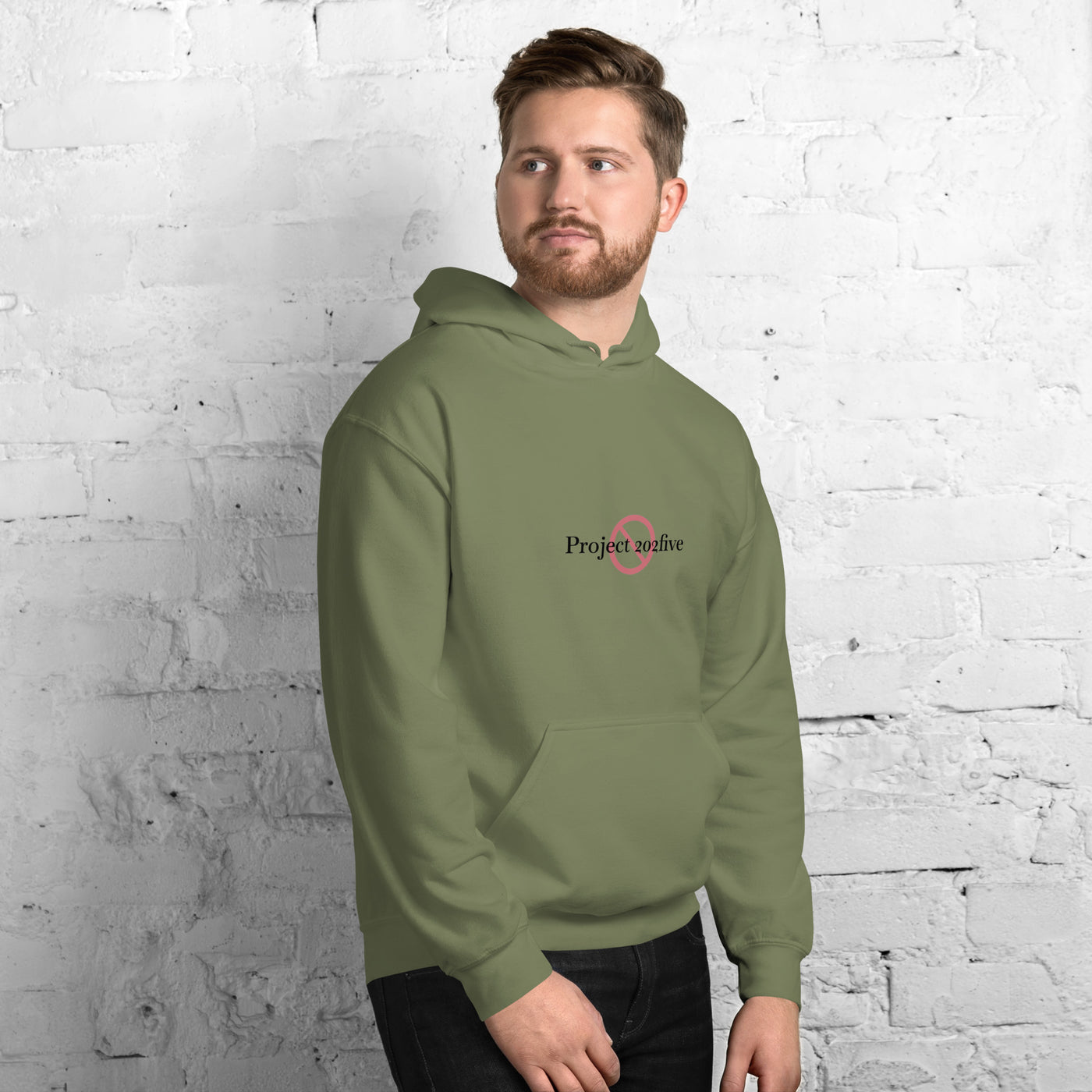 Male model wearing Project 2025 unisex hoodie with printed logo – multiple colors – DETOUR.STORE