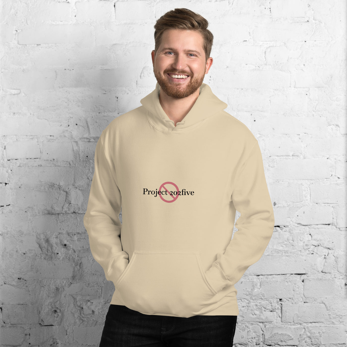 “Male model wearing Project 2025 unisex hoodie with printed logo – multiple colors – DETOUR.STORE