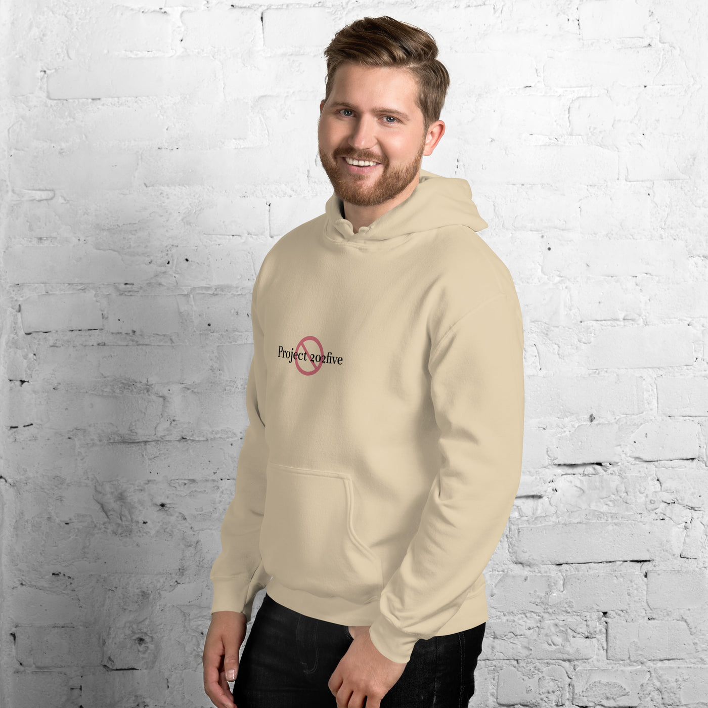 Male model wearing Project 2025 unisex hoodie with printed logo – multiple colors – DETOUR.STORE