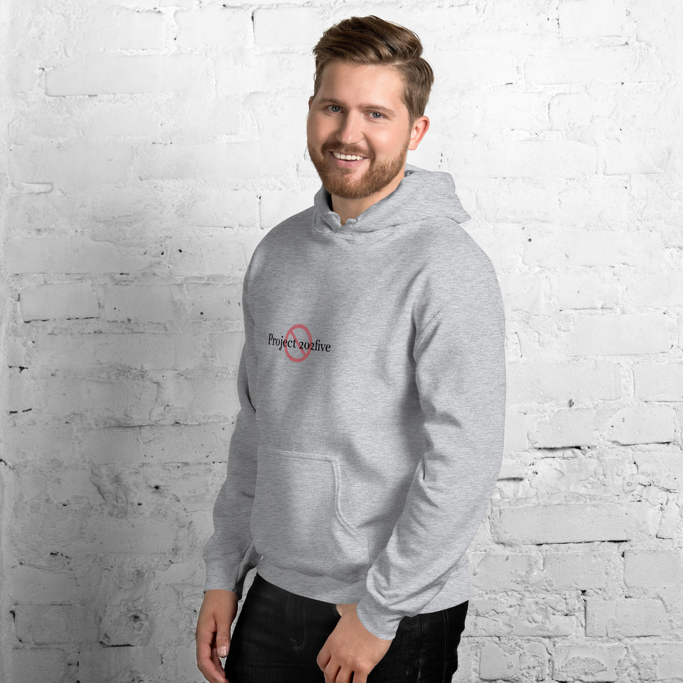 Male model wearing Project 2025 unisex hoodie with printed logo – multiple colors – DETOUR.STORE