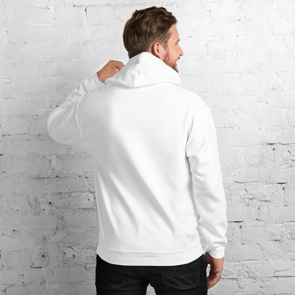Male model wearing Project 2025 unisex hoodie with printed logo – multiple colors – DETOUR.STORE