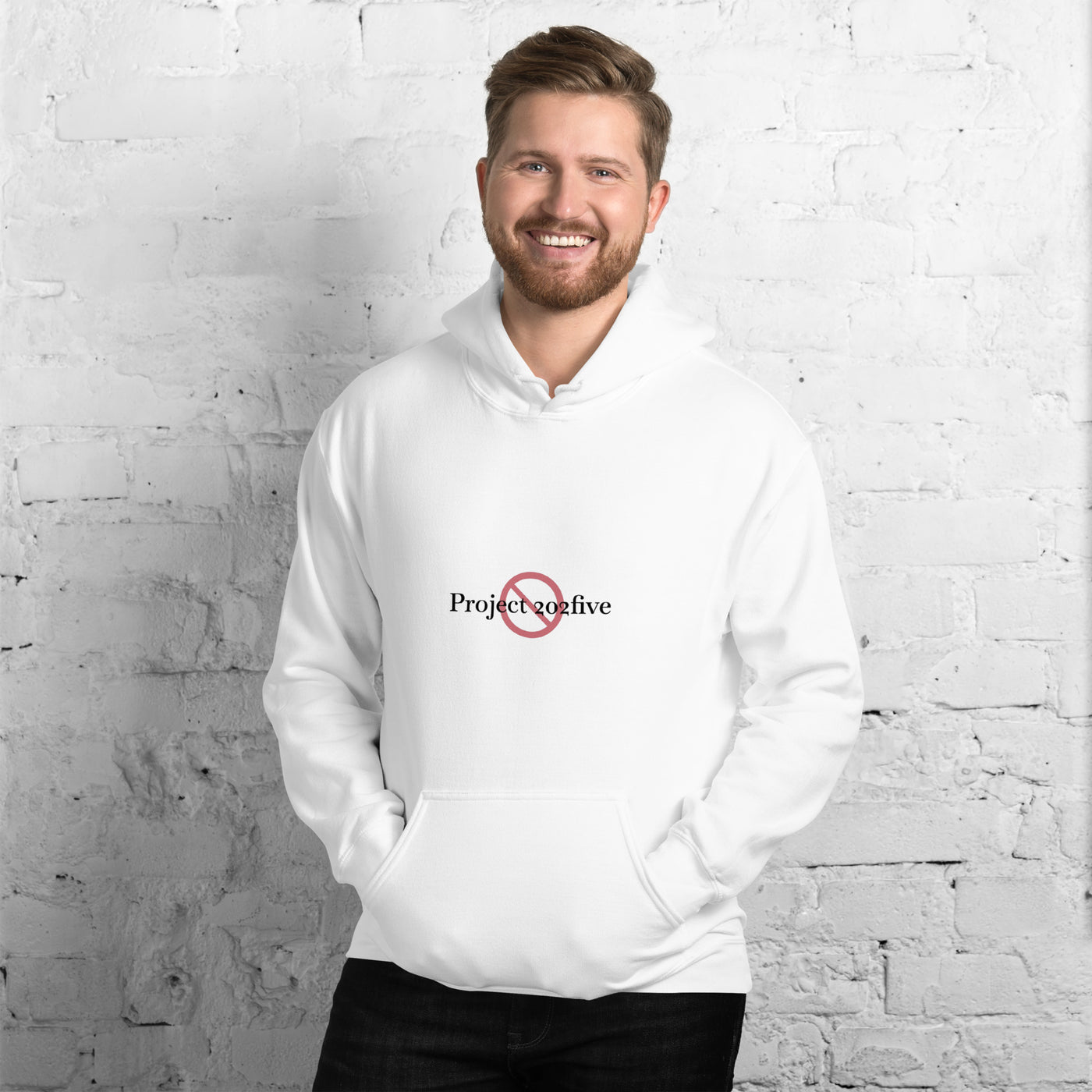 Male model wearing Project 2025 unisex hoodie with printed logo – multiple colors – DETOUR.STORE