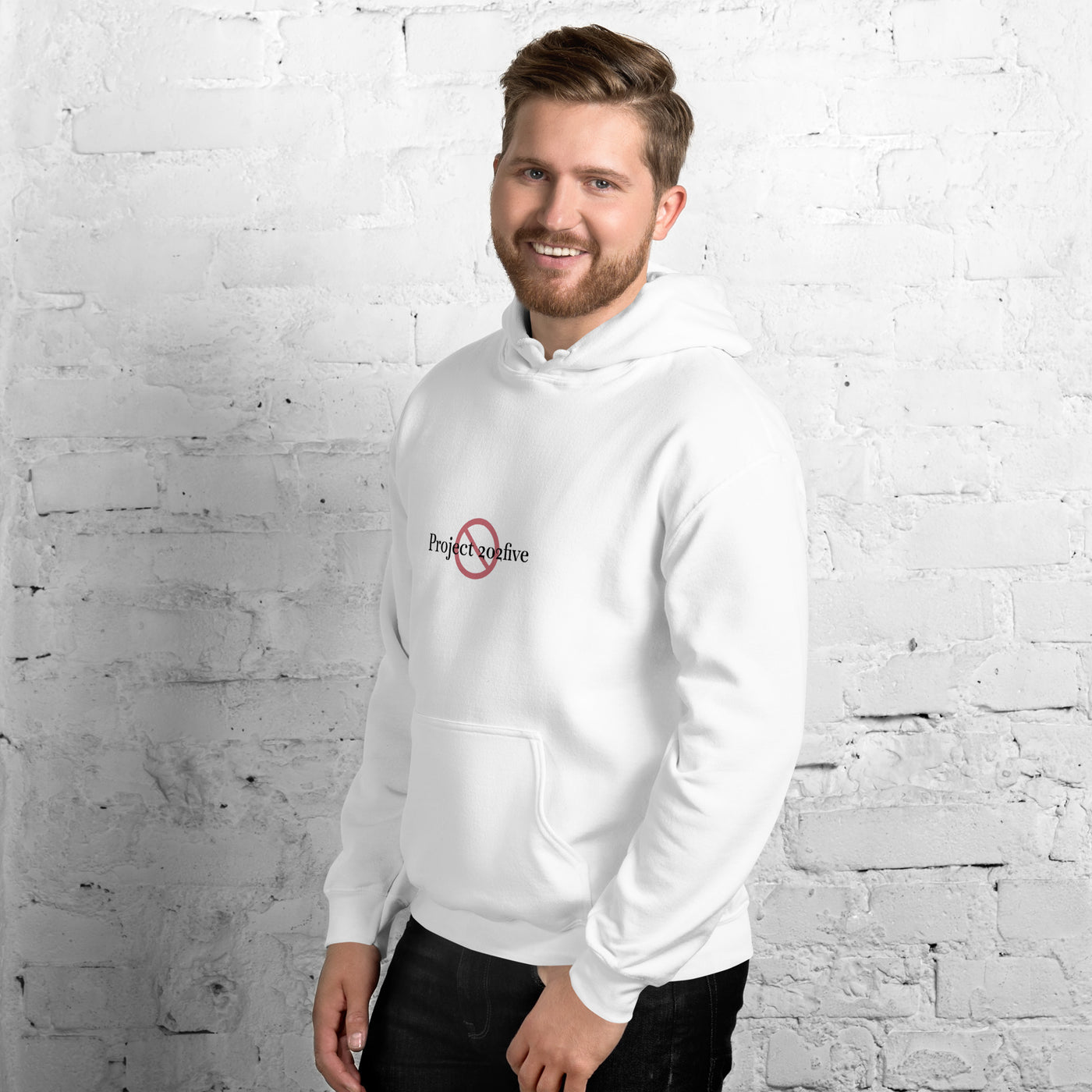 Male model wearing Project 2025 unisex hoodie with printed logo – multiple colors – DETOUR.STORE