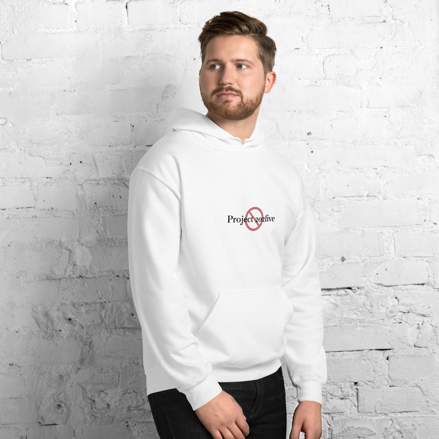 Male model wearing Project 2025 unisex hoodie with printed logo – multiple colors – DETOUR.STORE