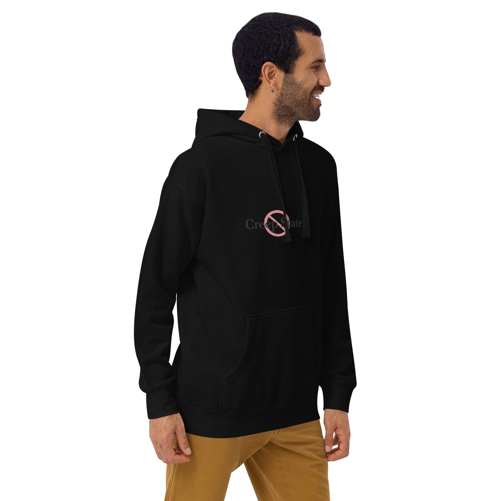 Male model wearing Creep State unisex hoodie with printed logo – multiple colors – DETOUR.STORE