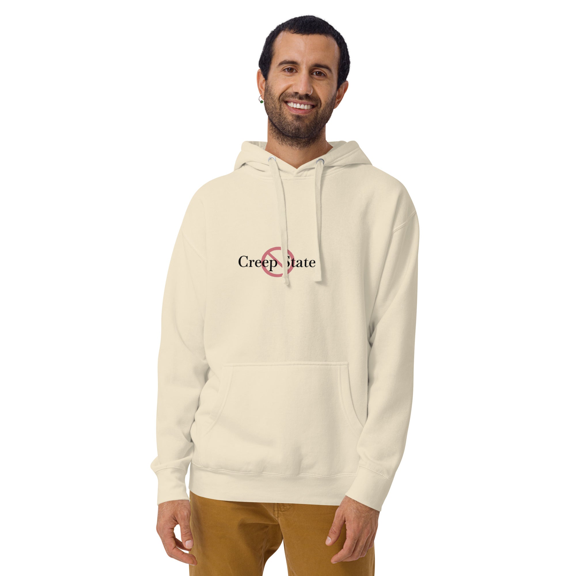 Male model wearing Creep State unisex hoodie with printed logo – multiple colors – DETOUR.STORE