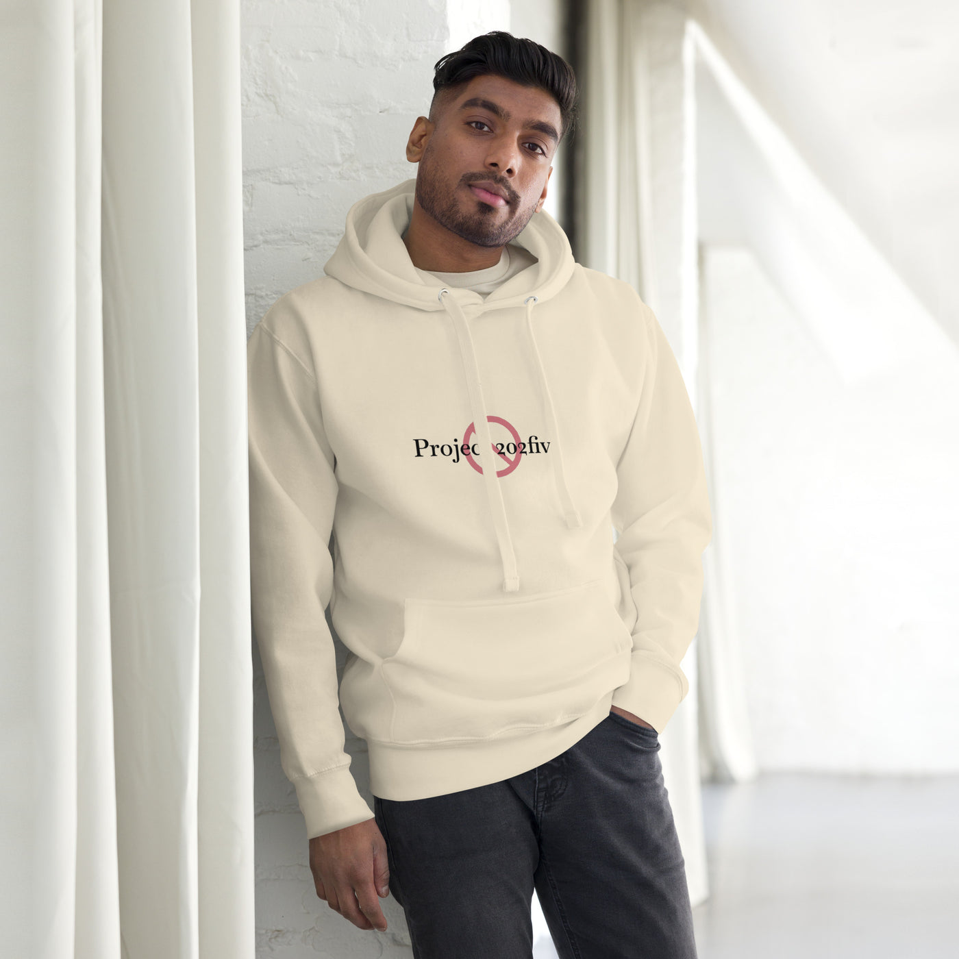 Male model wearing Project 2025 unisex hoodie with printed logo – multiple colors – DETOUR.STORE