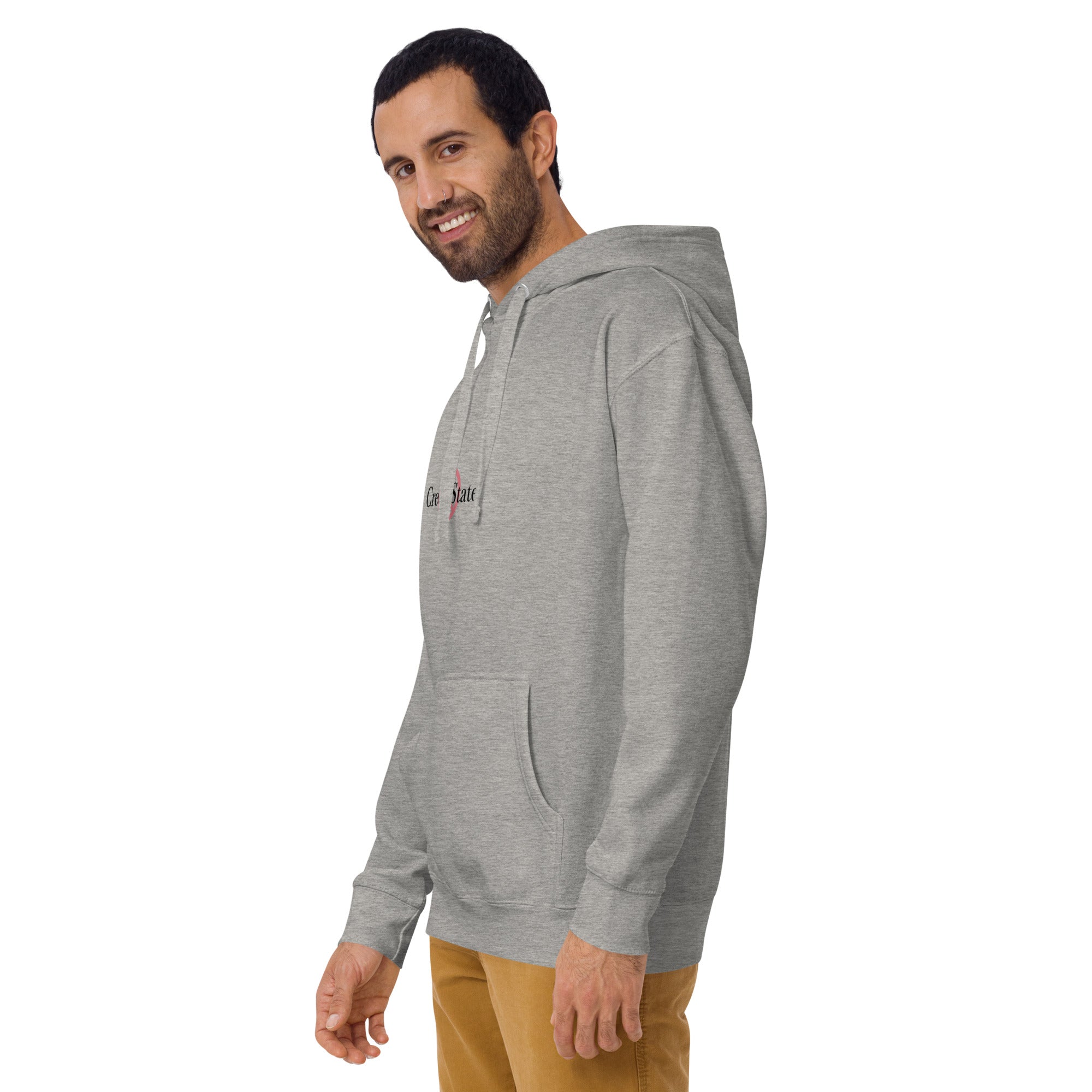 Male model wearing Creep State unisex hoodie with printed logo – multiple colors – DETOUR.STORE