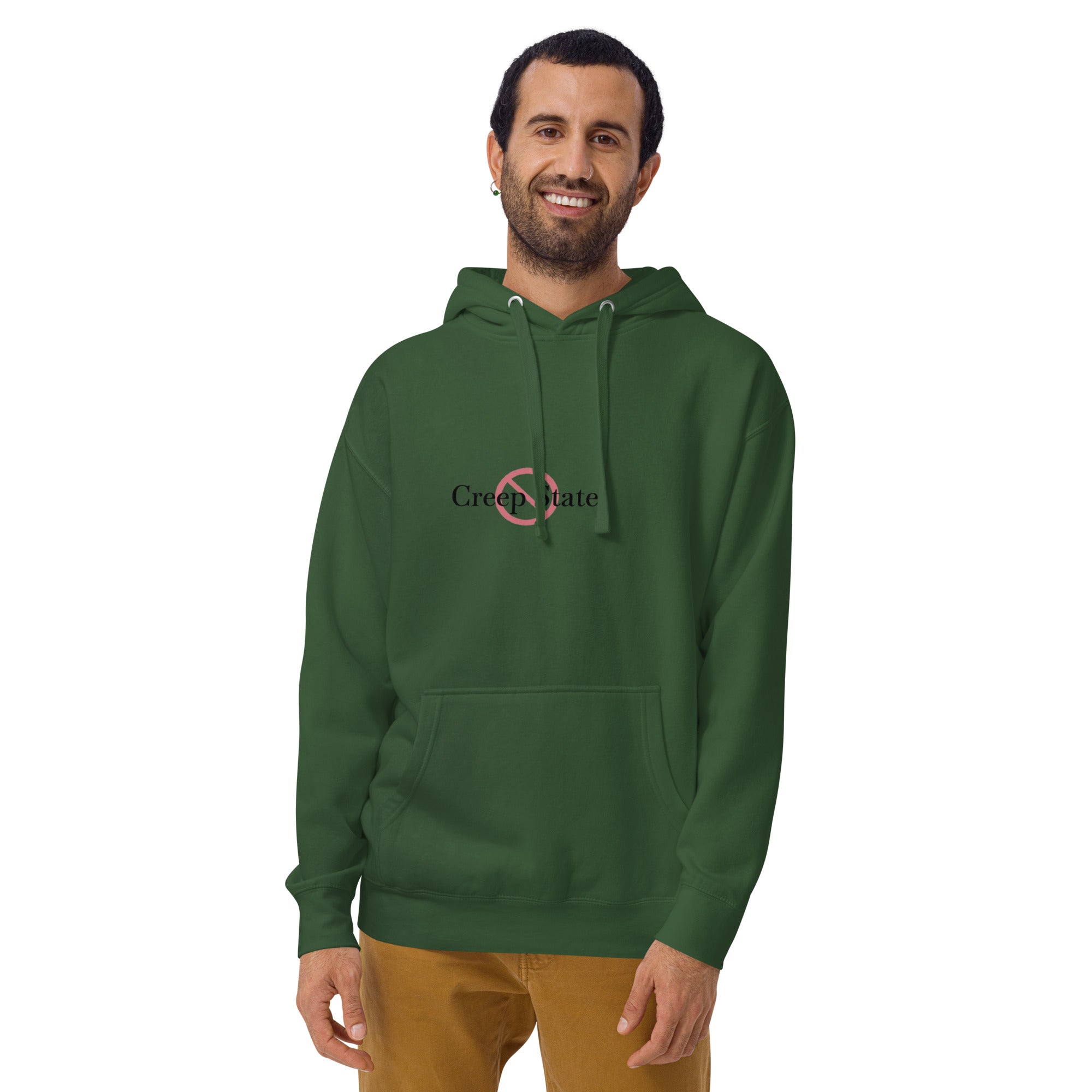 Male model wearing Creep State unisex hoodie with printed logo – multiple colors – DETOUR.STORE