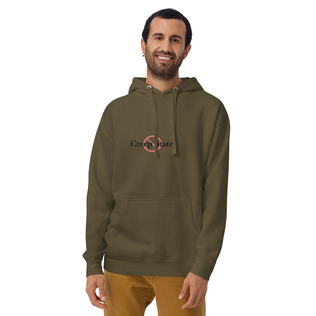 Male model wearing Creep State unisex hoodie with printed logo – multiple colors – DETOUR.STORE