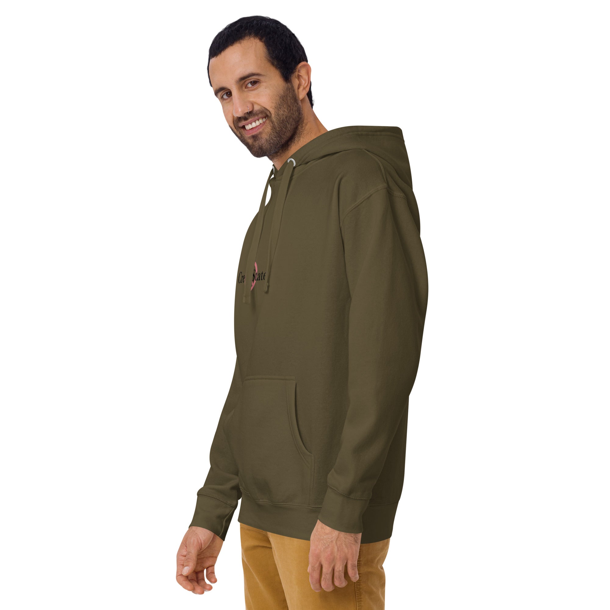 Male model wearing Creep State unisex hoodie with printed logo – multiple colors – DETOUR.STORE