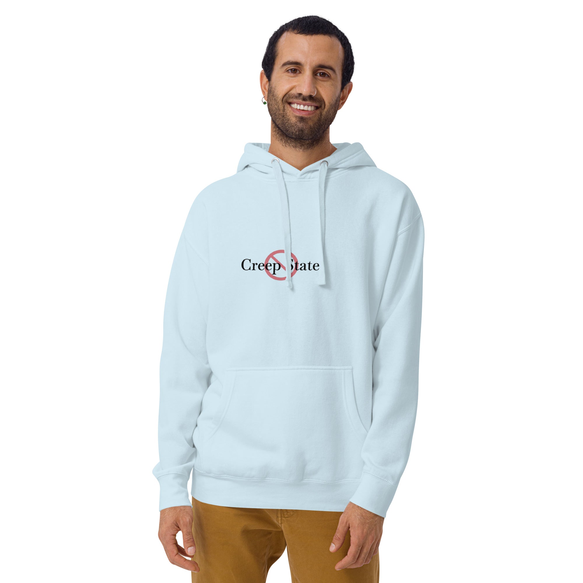 Male model wearing Creep State unisex hoodie with printed logo – multiple colors – DETOUR.STORE
