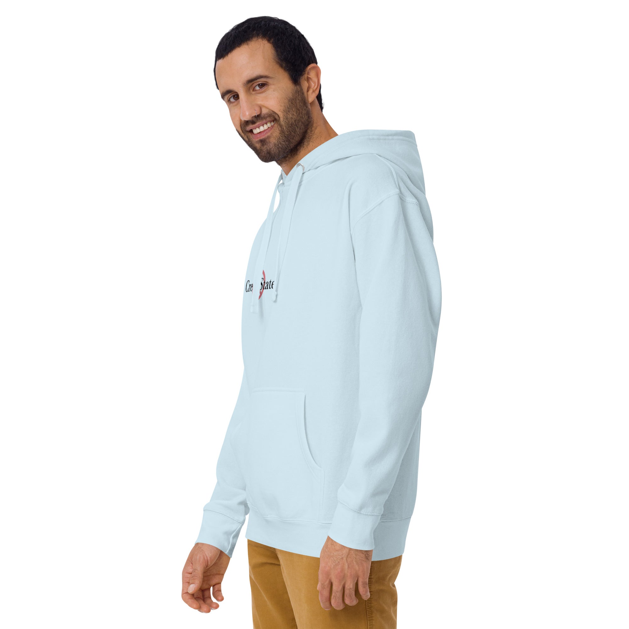 Male model wearing Creep State unisex hoodie with printed logo – multiple colors – DETOUR.STORE