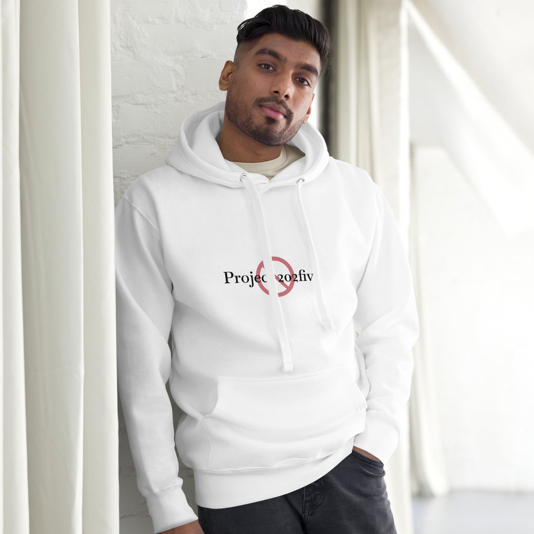 Male model wearing Project 2025 unisex hoodie with printed logo – multiple colors – DETOUR.STORE