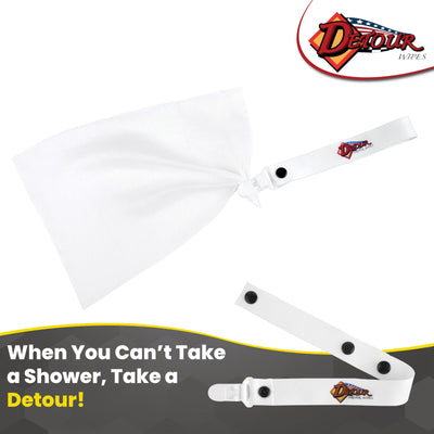 Detour Wipes scrubber handle attached to an unfolded body wipe, shown with Detour branding and tagline.