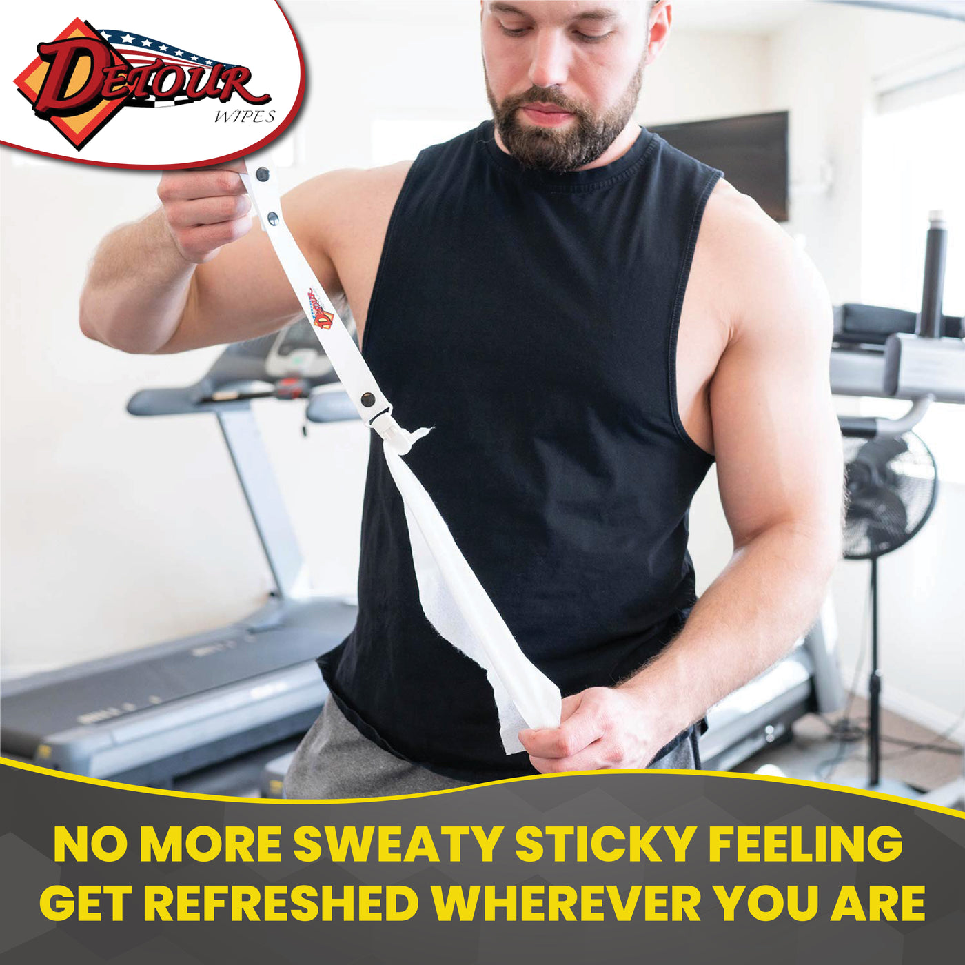 Person using a Detour Wipes scrubber handle with an attached body wipe in a gym setting, shown with Detour branding and the text “No more sweaty sticky feeling, get refreshed wherever you are.”