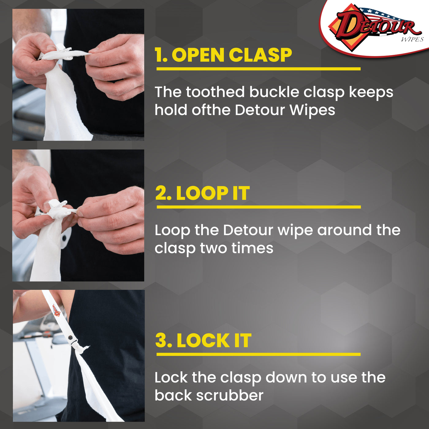 Step-by-step instructions showing a person attaching a Detour Wipes body wipe to the scrubber handle: opening the clasp, looping the wipe twice, and locking the clasp, with Detour branding.