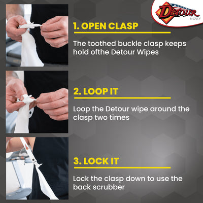Step-by-step instructions showing a person attaching a Detour Wipes body wipe to the scrubber handle: opening the clasp, looping the wipe twice, and locking the clasp, with Detour branding.