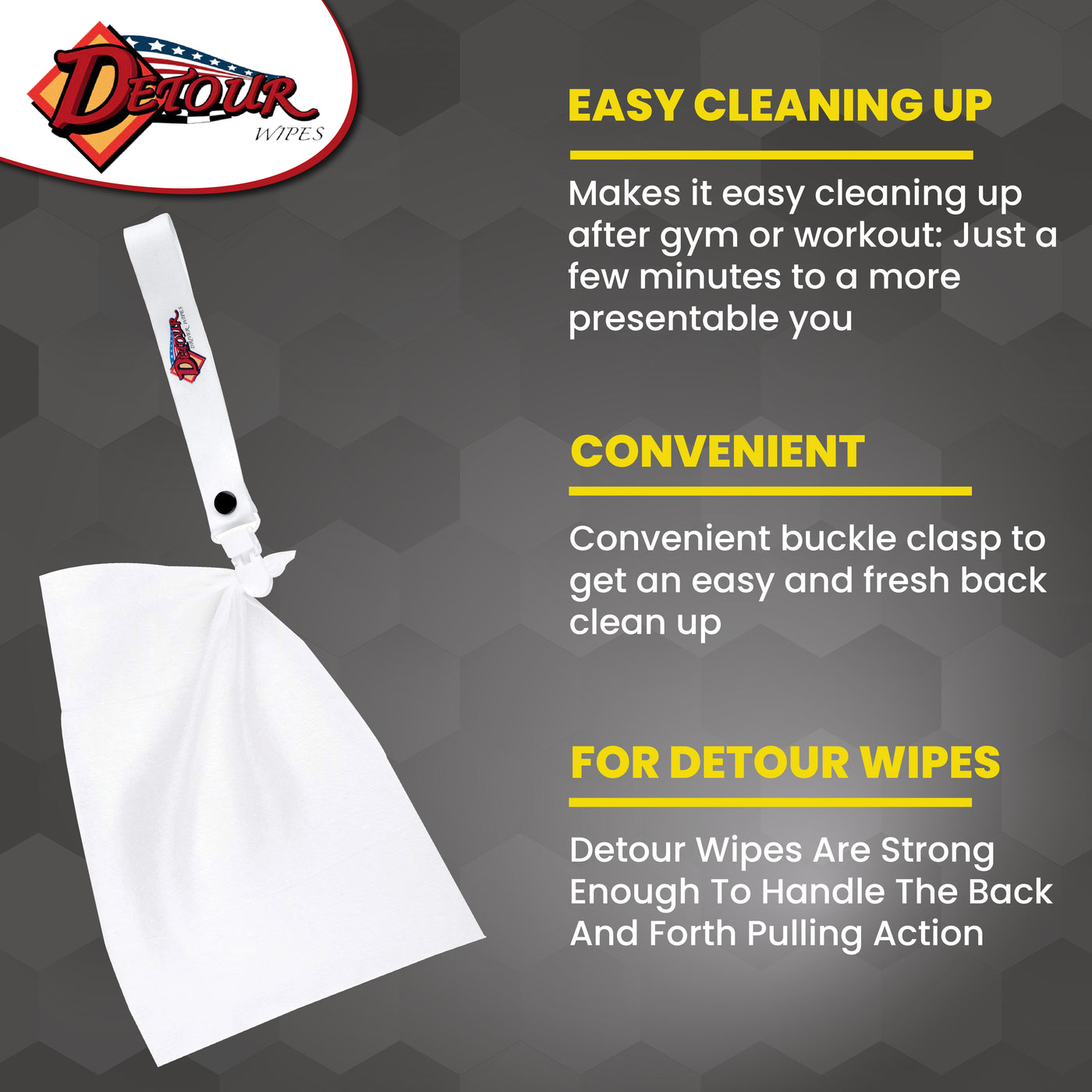 Detour Wipes scrubber handle with attached body wipe displayed beside product feature text highlighting easy cleaning, convenient buckle clasp, and compatibility with Detour Wipes.