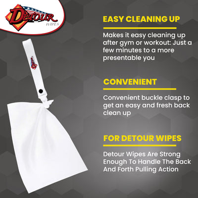 Detour Wipes scrubber handle with attached body wipe displayed beside product feature text highlighting easy cleaning, convenient buckle clasp, and compatibility with Detour Wipes.