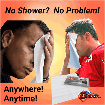 “Two people using Detour Driver Wipes to clean their faces after activity, with the text ‘No Shower? No Problem! Anywhere! Anytime!’ and a wipes packet shown in the corner.”
