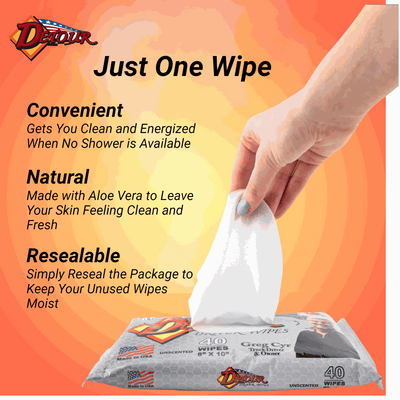 “Hand pulling a wipe from a package of Detour Driver Wipes with text describing convenience, natural ingredients, and resealable packaging.”