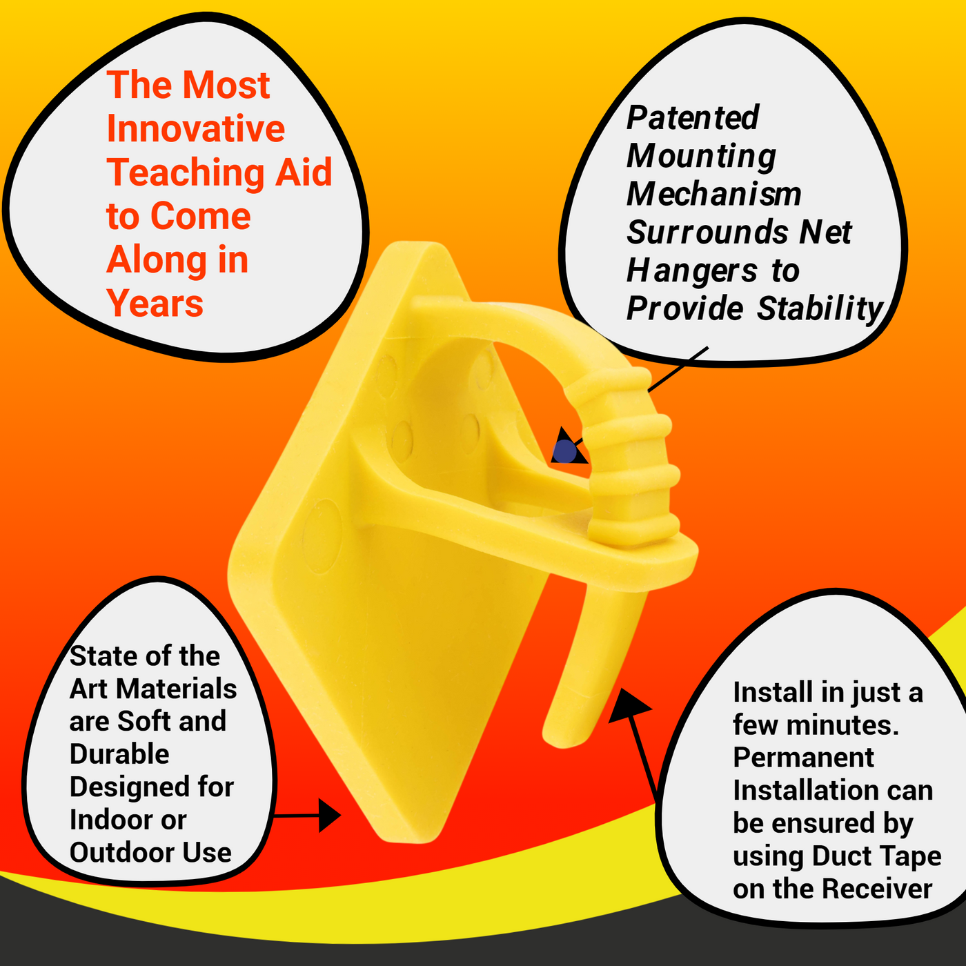 “Close-up of the Downtown Diamonds yellow basketball shooting trainer attachment with feature callouts describing durability, patented mounting, and easy installation.”