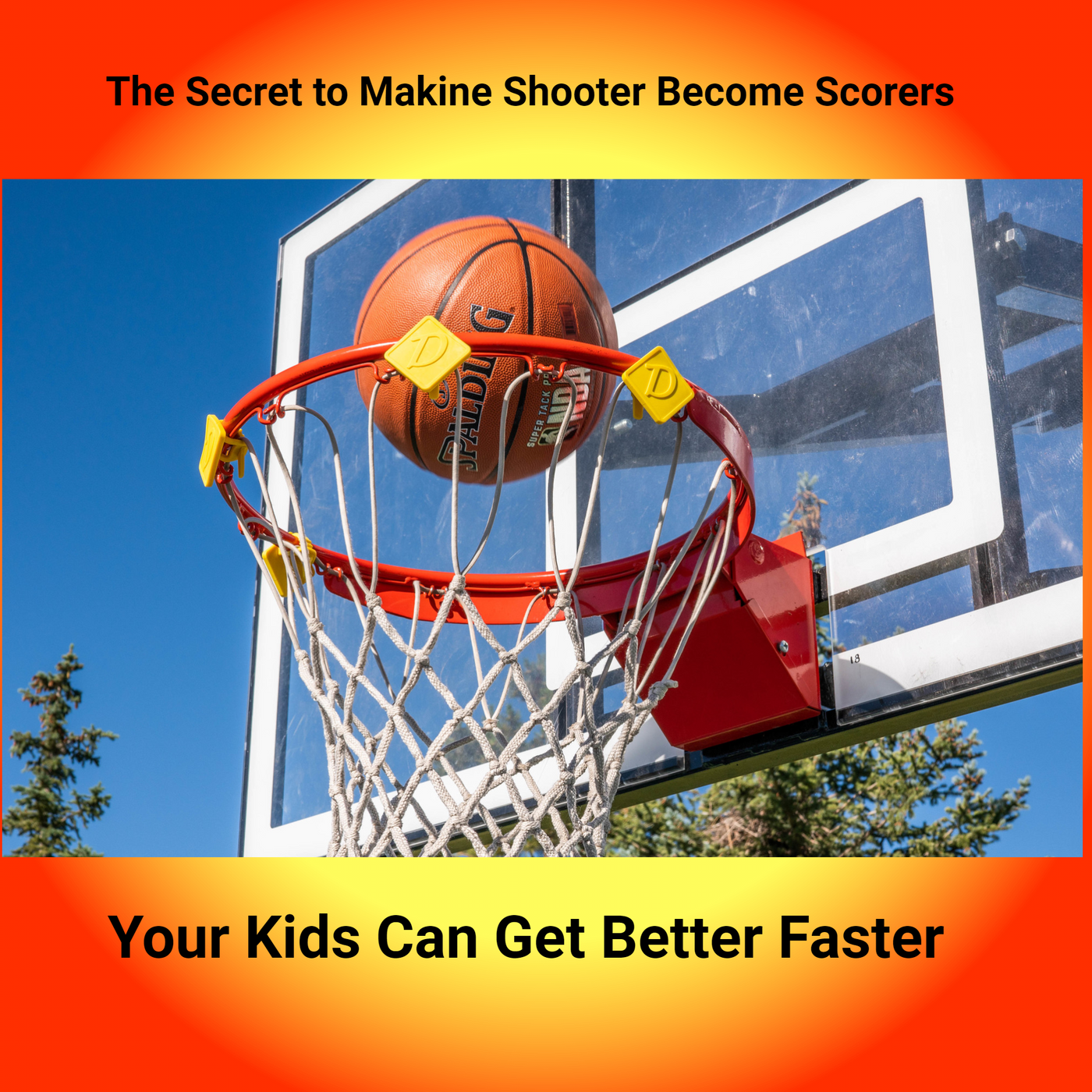 “Basketball going through a hoop with Downtown Diamonds yellow shooting trainers attached to the rim, promoting improved shooting accuracy for young players.”
