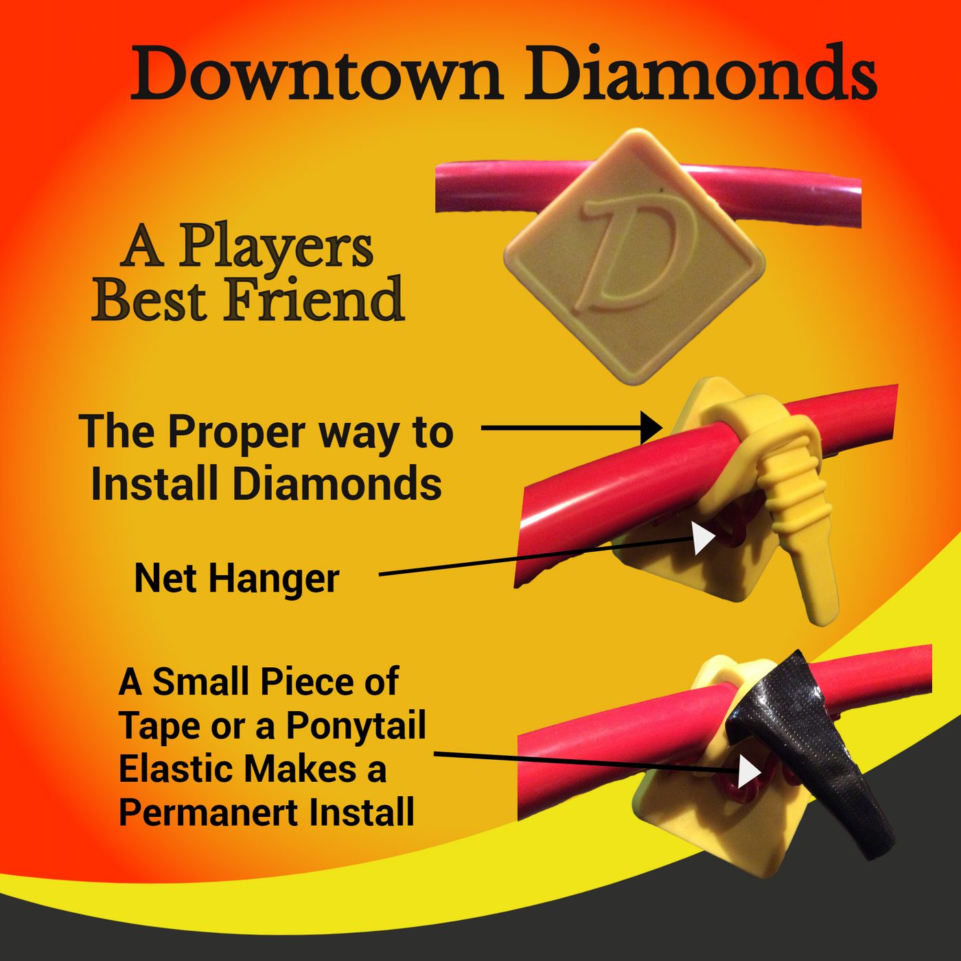 “Installation instructions showing how to attach the Downtown Diamonds yellow shooting trainer to a basketball rim net hanger, with optional tape for secure placement.”
