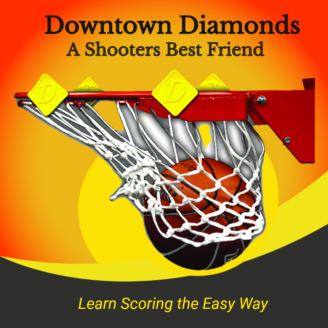 “Basketball dropping through a hoop with Downtown Diamonds yellow shooting trainers attached, highlighting improved shooting accuracy.”