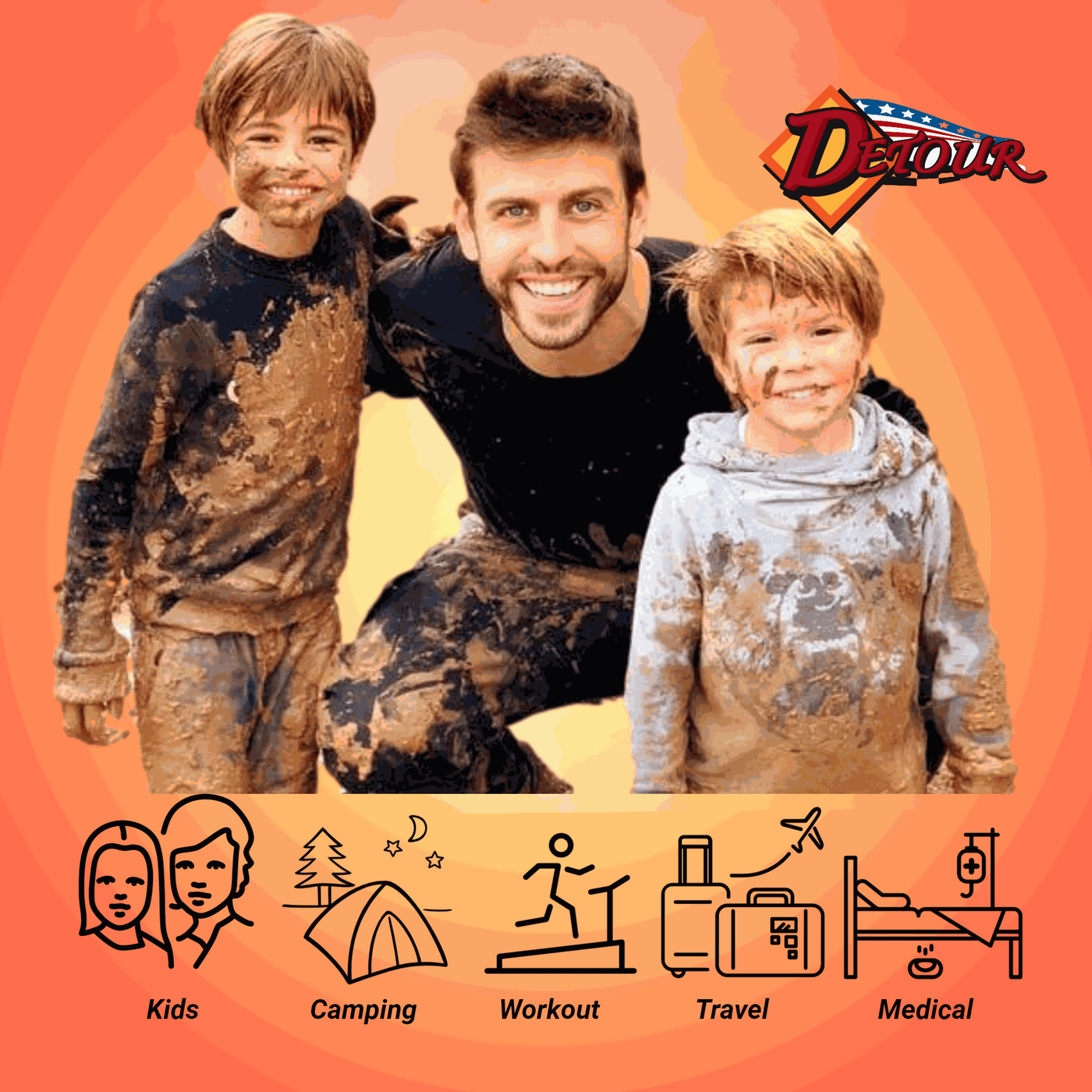 “Adult and children covered in mud, with icons showing use cases for Detour Driver Wipes including kids, camping, workouts, travel, and medical needs.”