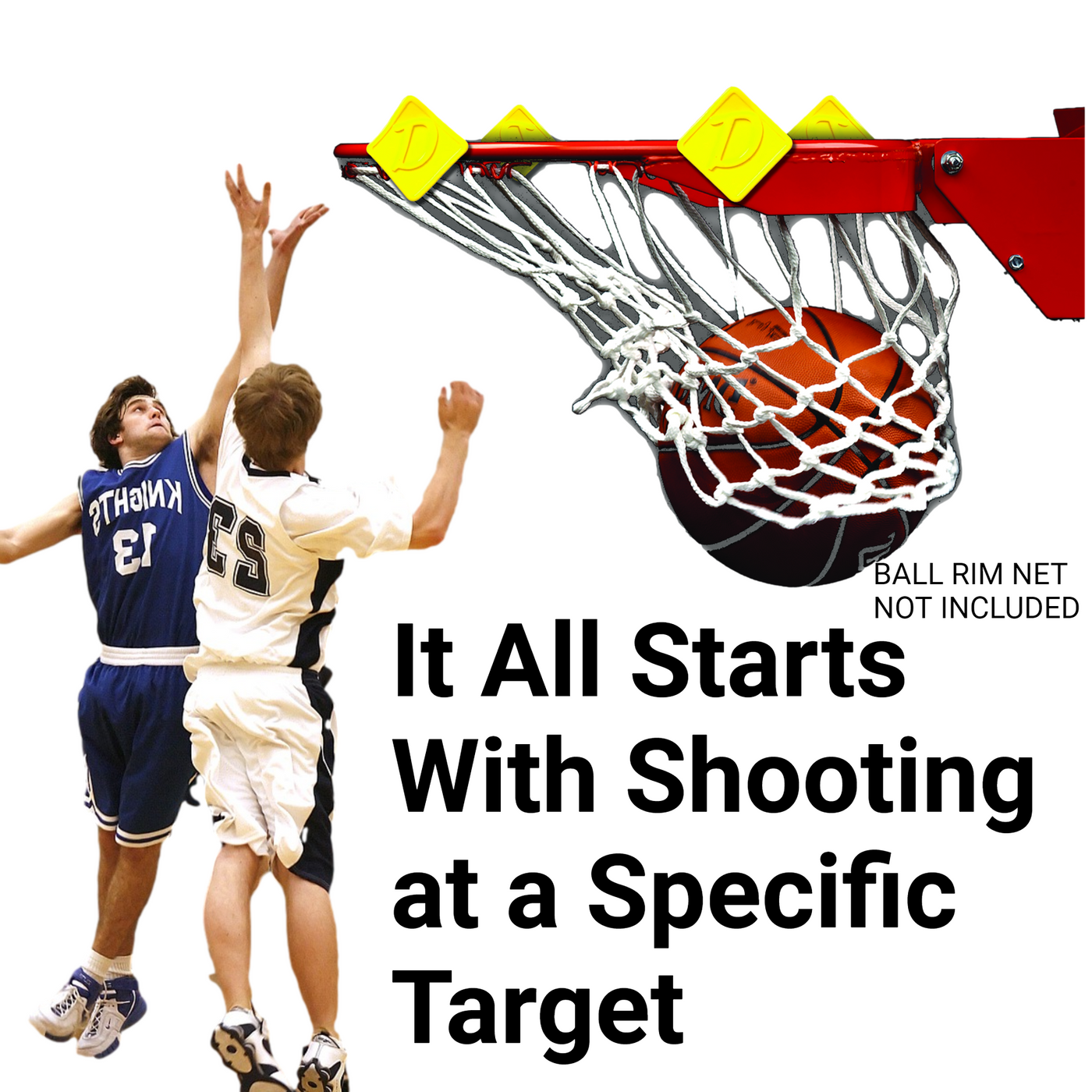 “Downtown Diamonds yellow basketball shooting trainer attached to a hoop, with players jumping during a game and text emphasizing shooting at a specific target.”