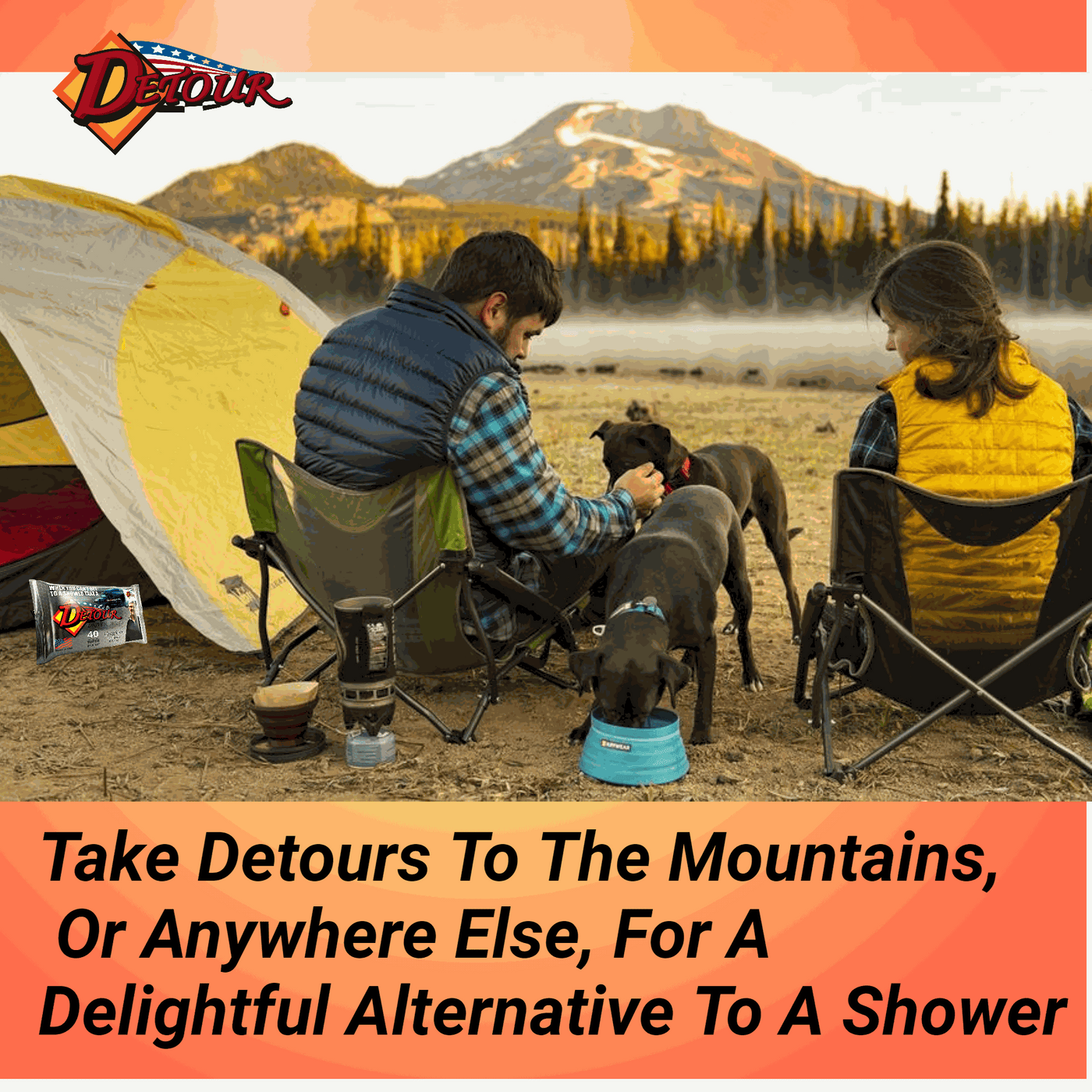 “Two people camping with their dogs near a tent in the mountains, with a Detour Driver Wipes packet shown and text promoting wipes as an alternative to a shower.”