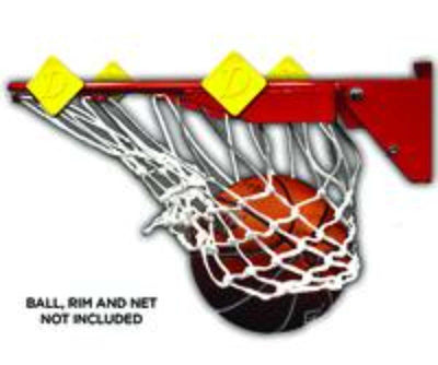 “Close-up of Downtown Diamonds yellow shooting targets installed on a basketball rim, with a ball going through the net. Ball, rim, and net not included.”