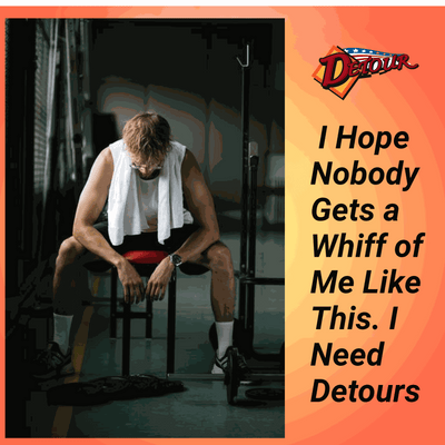“Exhausted person sitting in a gym after a workout with text expressing the need for Detour Driver Wipes for freshness.”